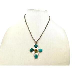 Vintage Sterling Silver Turquoise Cross Necklace.
